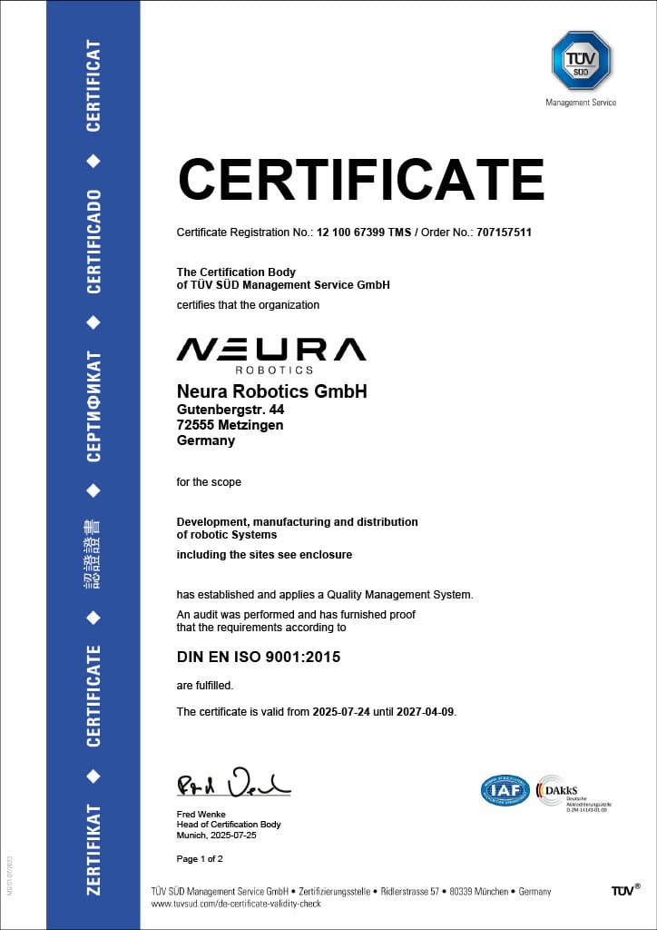 NEURA Robotics ISO Certificate